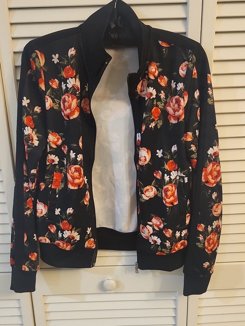 South Pole Black Floral Bomber Jacket with Orange & Pink Roses